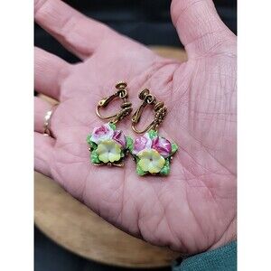 Vintage English Bone China Flower Dangle Earrings Hand Painted Screw Back